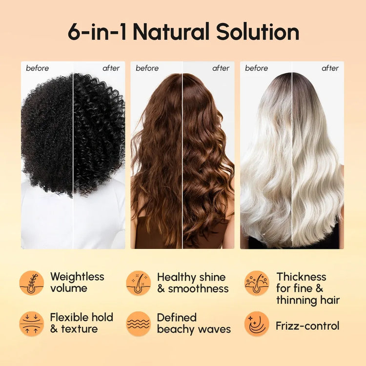 Maree Keratin & Sea Salt Hair Texturizer bottle with textured hair and beach waves, showcasing natural, tousled hairstyle.