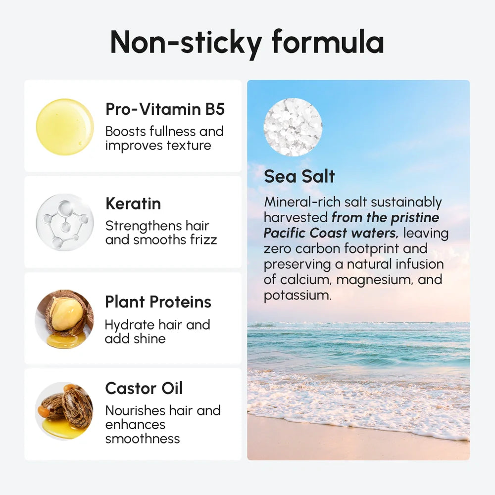 Maree Keratin & Sea Salt Hair Texturizer bottle with spray nozzle, showing textured hair and beach-inspired styling