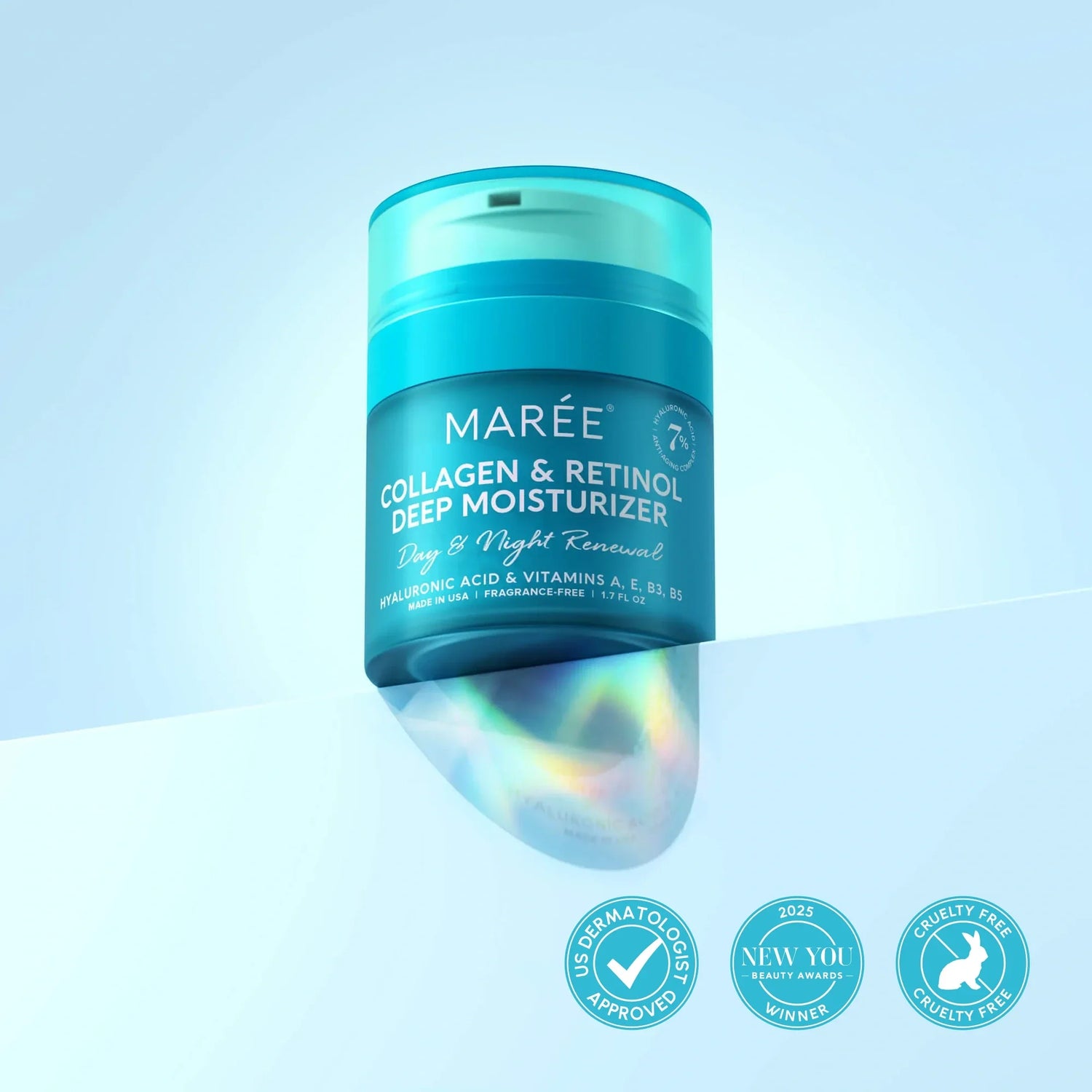 Maree Retinol and Collagen Anti-Age Cream jar with product label, smooth cream visible inside, ideal for youthful skin.