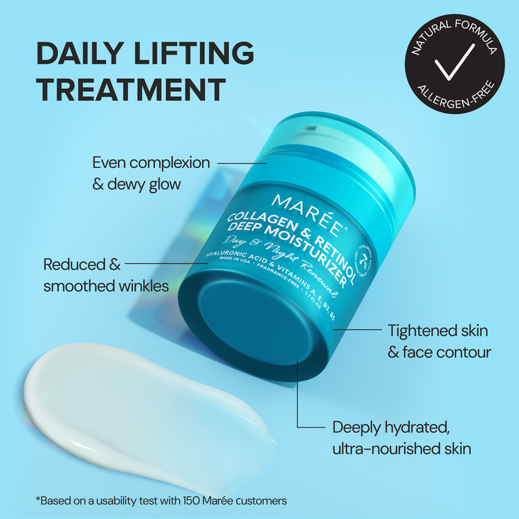 Maree Retinol & Collagen Anti-Age Cream jar with cream visible inside, designed for youthful skin and anti-aging skincare.