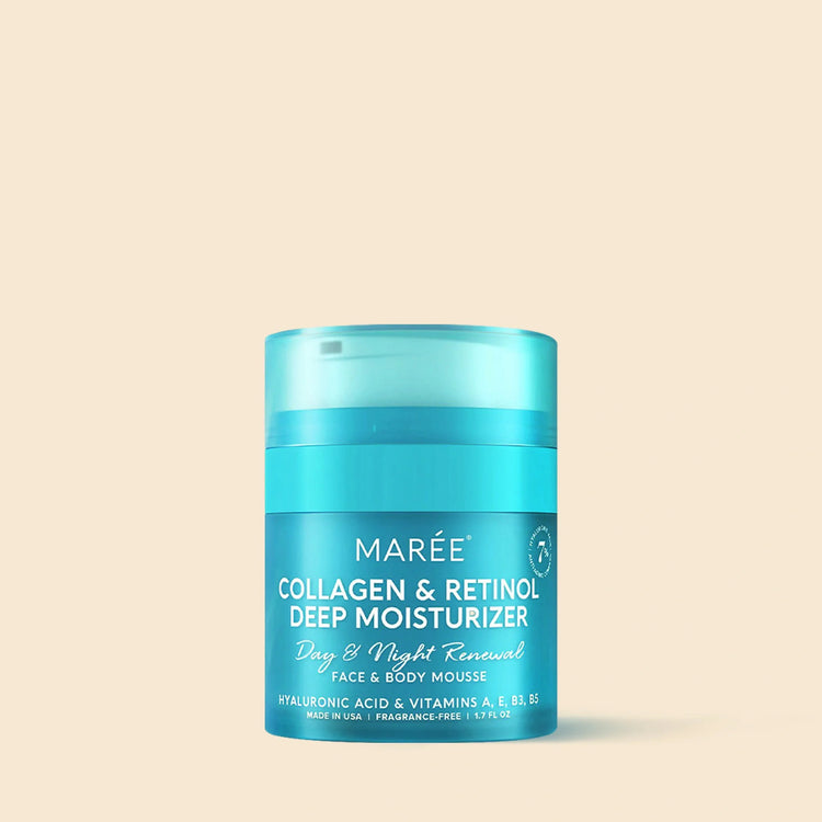 Maree Retinol & Collagen Anti-Age Cream jar with a smooth, creamy texture and a sleek white and gold packaging design.