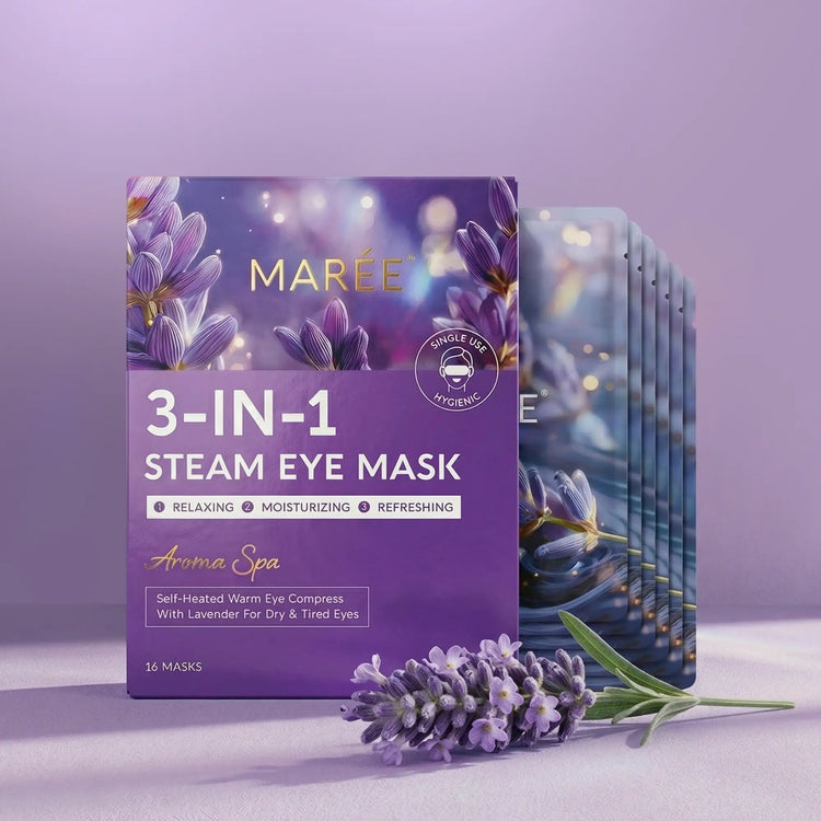 Maree scented spa steam eye mask with soft fabric and relaxing lavender scent, designed to soothe and refresh tired eyes.