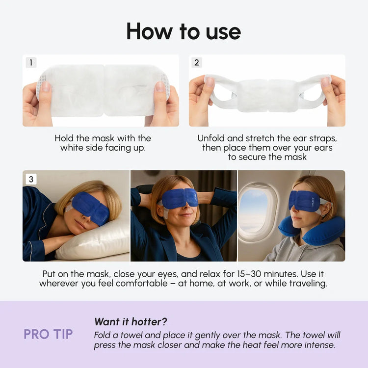Maree scented spa steam eye mask lying on a soft towel, designed for relaxation and soothing the eyes during self-care routines.