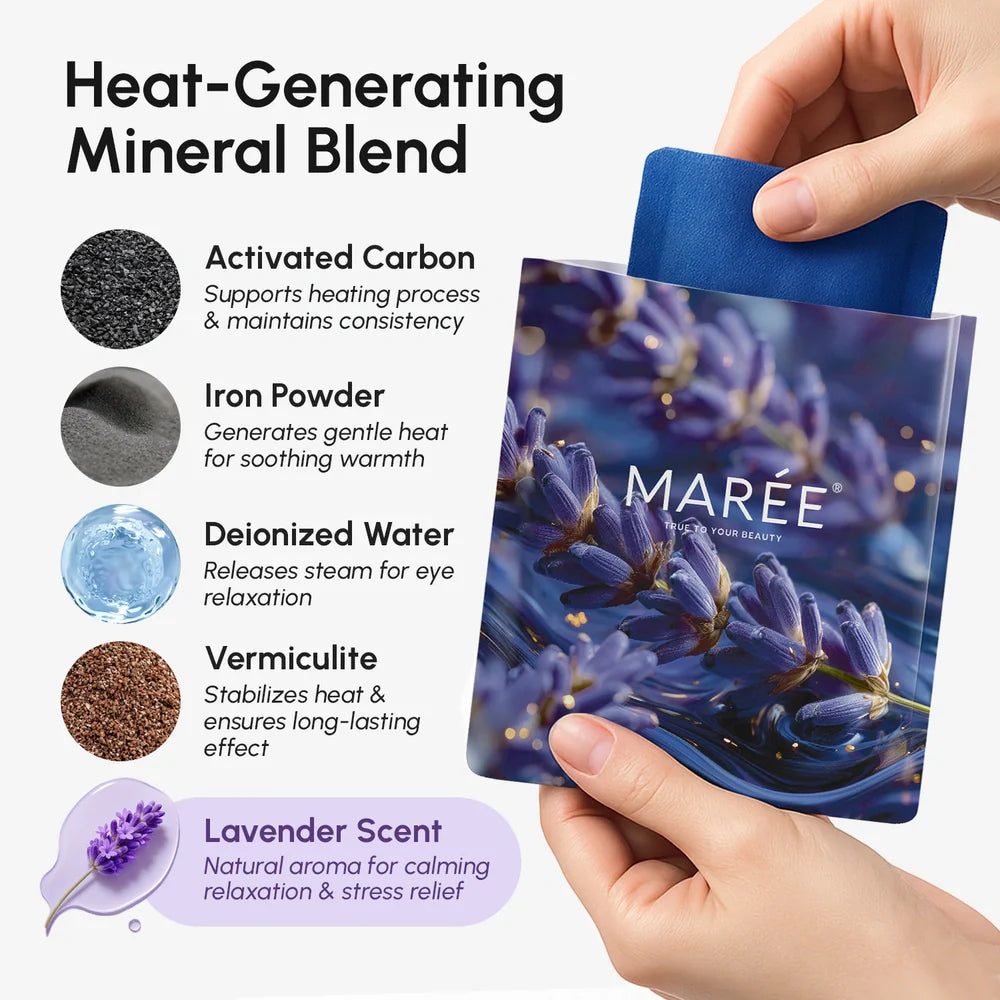 Maree Scented Spa Steam Eye Mask with soft fabric cover and adjustable strap, designed for relaxing eye care and soothing aromatherapy.