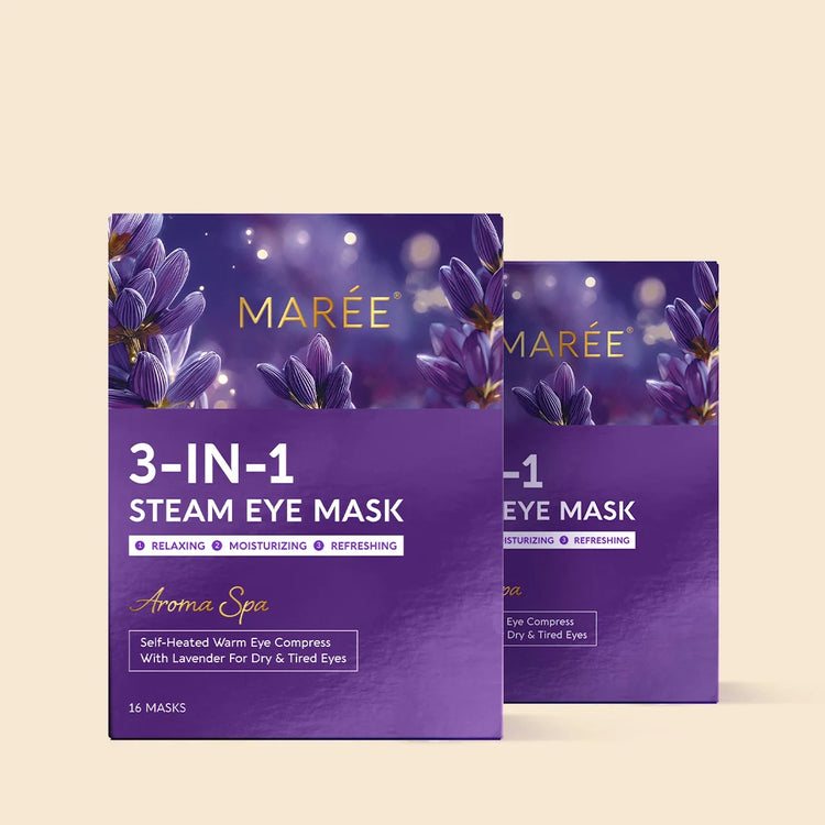 Maree scented spa steam eye mask resting on a surface, designed to relax and soothe tired eyes during self-care routines.