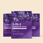Maree Scented Spa Steam Eye Mask lying flat with soft fabric and packaging in the background, designed for relaxing eye comfort.