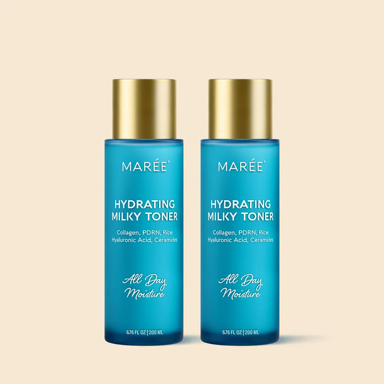 Maree Milky Rice Hydrating Toner in a clear bottle with a white label, showing a soft, milky liquid inside.