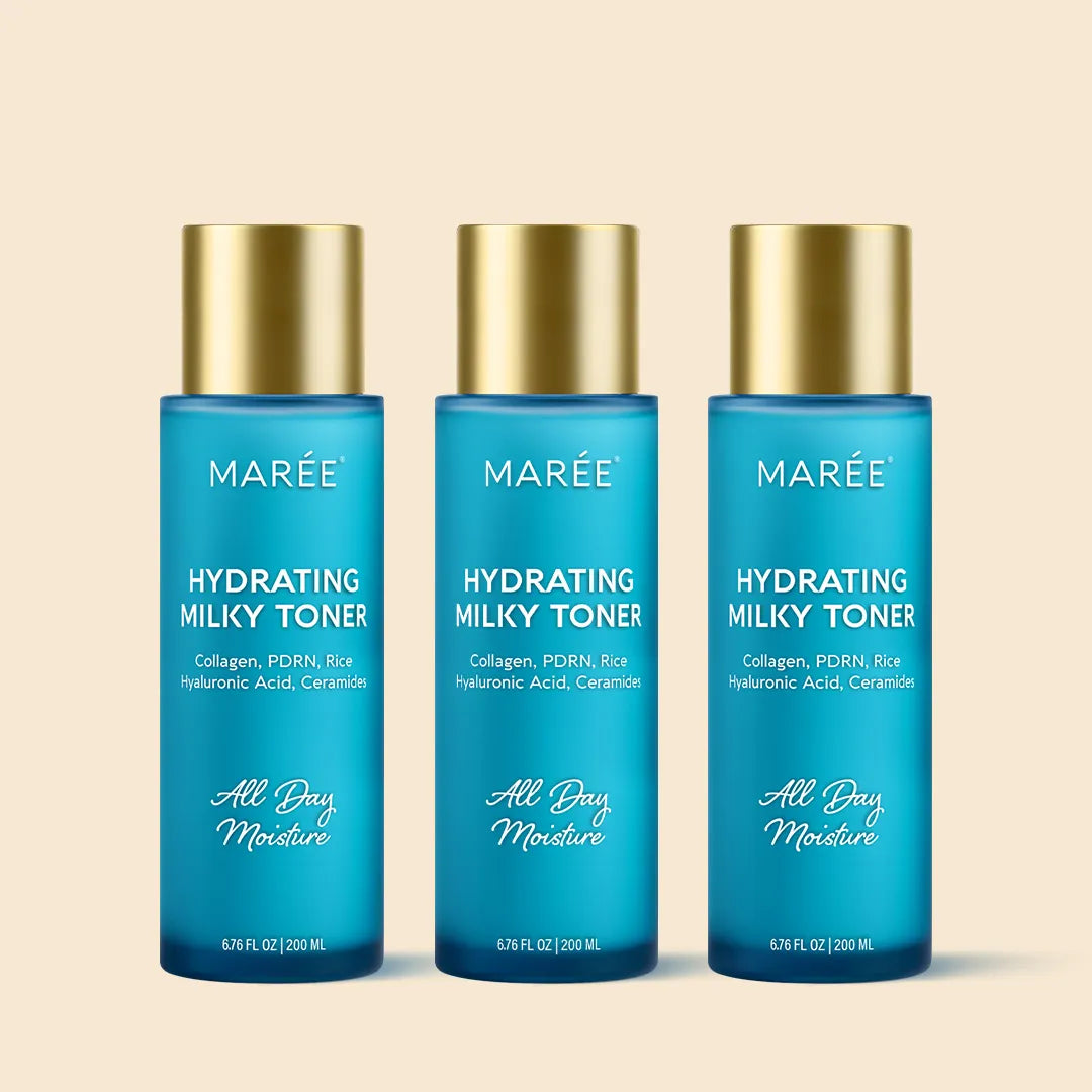 Maree Milky Rice Hydrating Toner in a clear bottle with white milky liquid, designed for soothing and moisturizing skin.