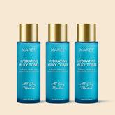 Maree Milky Rice Hydrating Toner in a clear bottle with white milky liquid, designed for soothing and moisturizing skin.