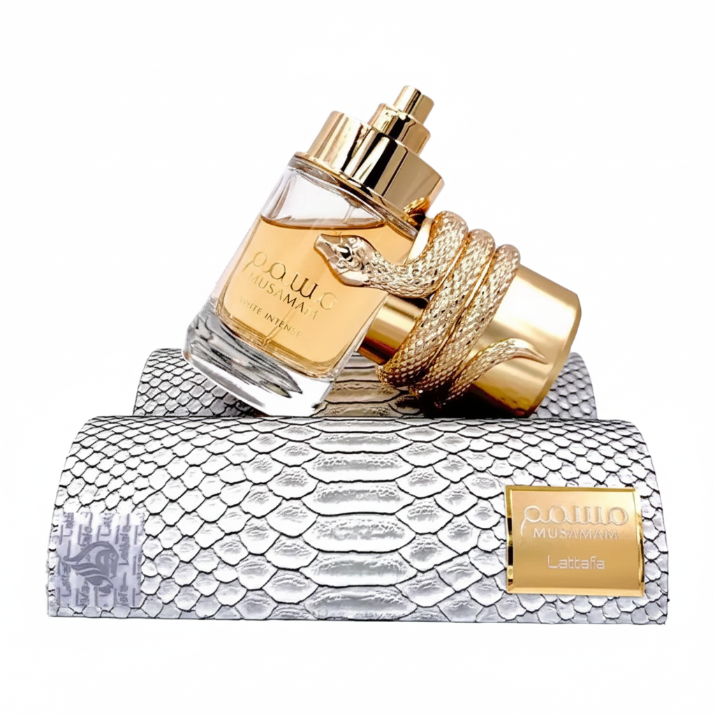 Lattafa Musamam White Intense unisex perfume bottle, 3.4oz, with elegant white packaging and sleek design.