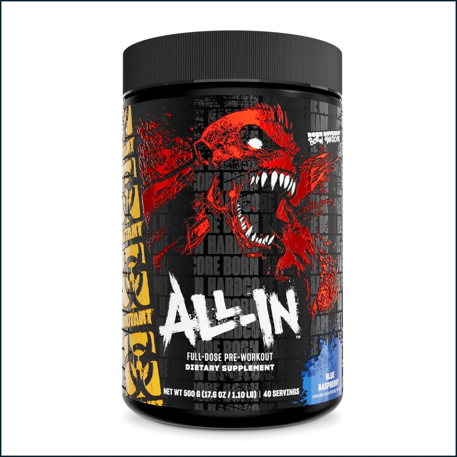 Mutant All-In Full-Dose Pre-Workout supplement container with label, showing 40/20 servings, by PoorBoySupplements.com.