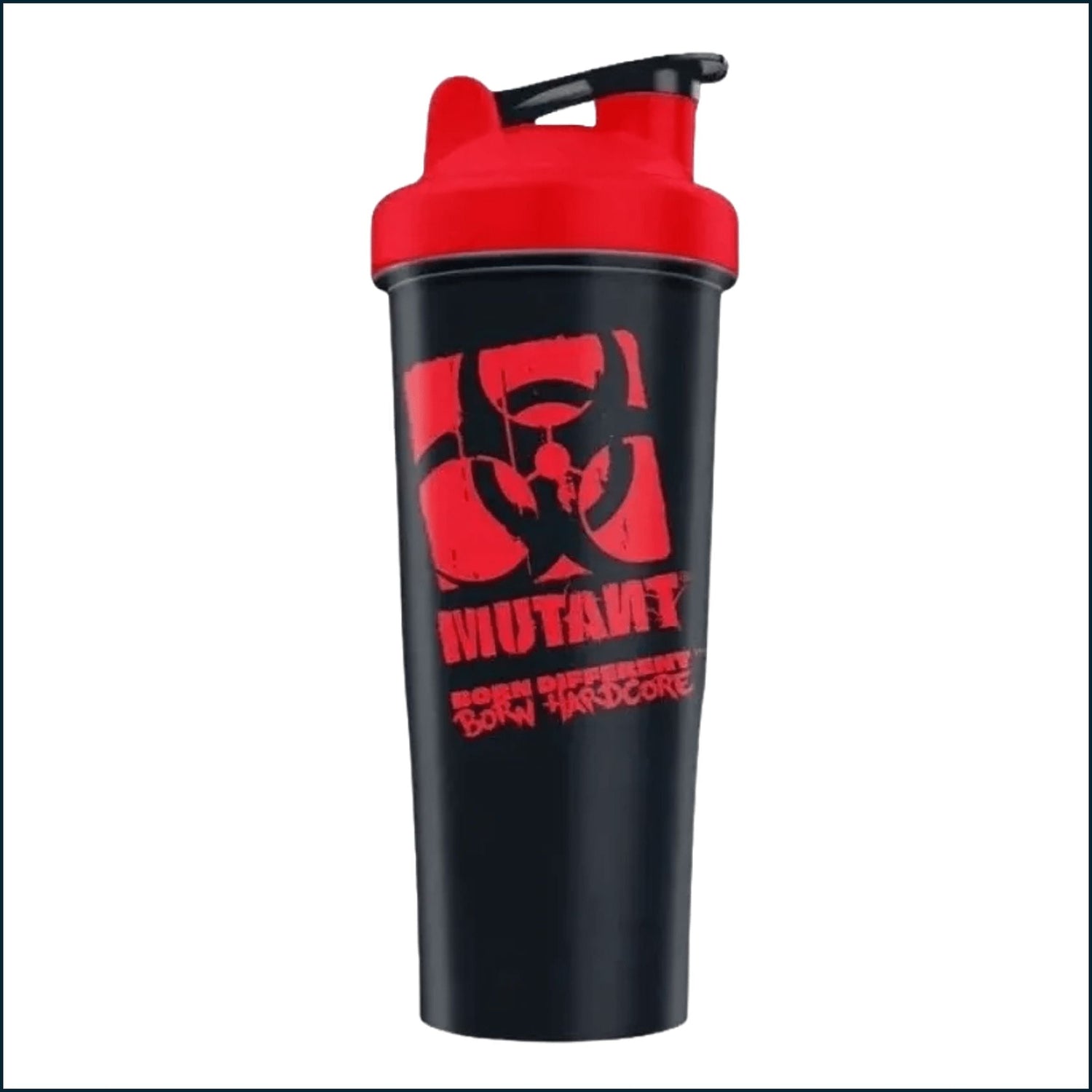 Black Mutant Born Hardcore Deluxe 1L/35oz shaker cup with secure lid and mixing ball for protein shakes and supplements.