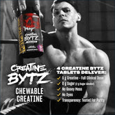 Mutant Creatine Bytz chewable tablets by PoorBoySupplements.com, Kre-Alkalyn creatine supplement in a bottle of 80 tablets.