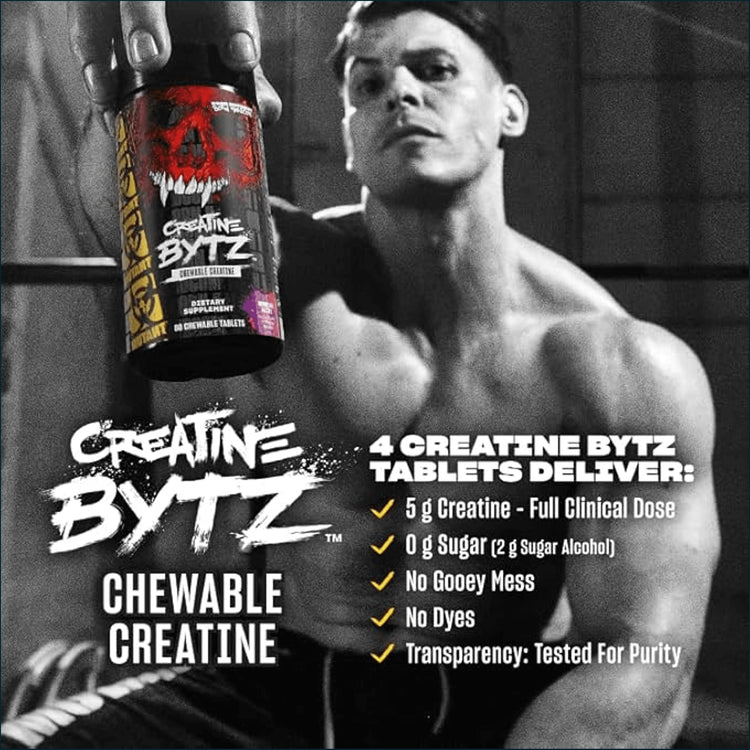 Mutant Creatine Bytz chewable tablets by PoorBoySupplements.com, Kre-Alkalyn creatine supplement in a bottle of 80 tablets.