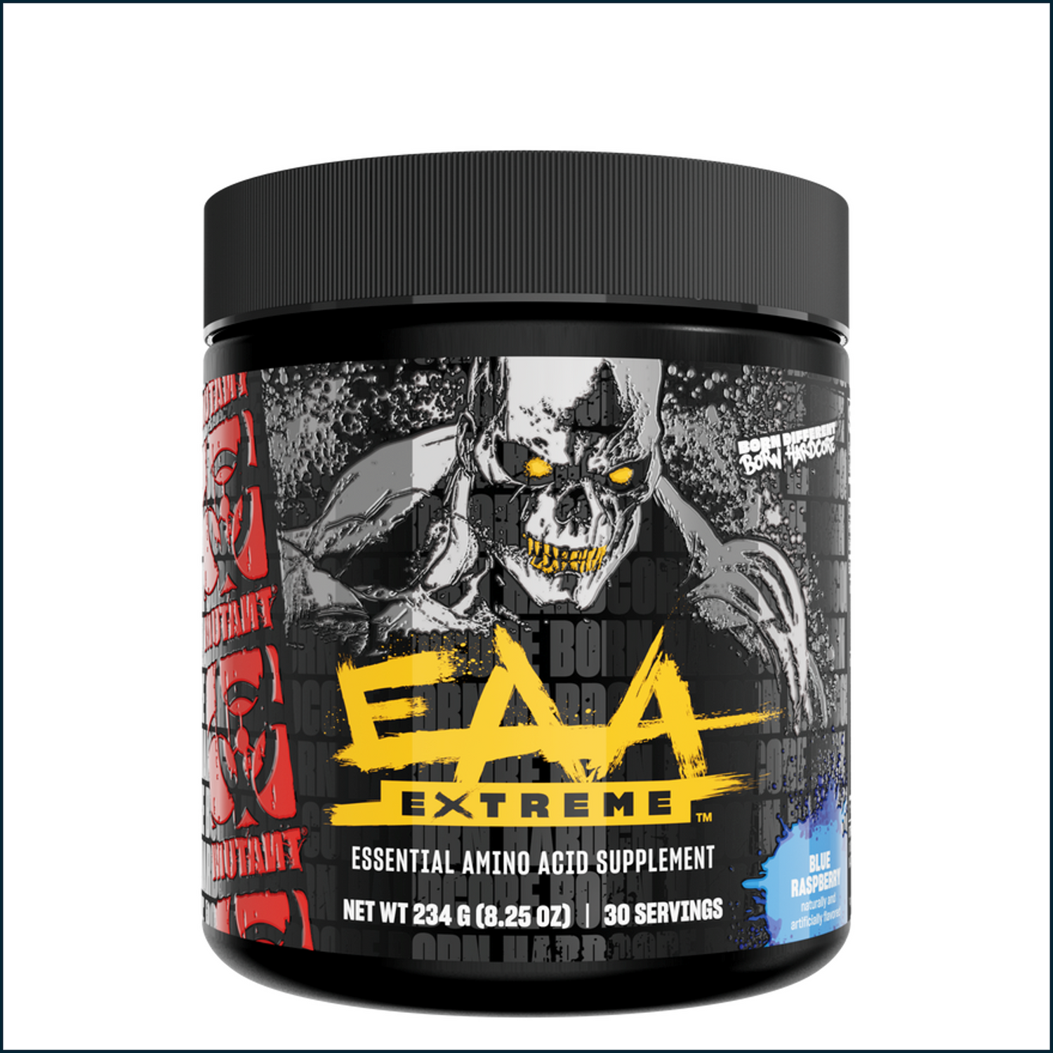 Blue raspberry flavored Mutant EAA Extreme BCAA amino acids powder in a container with a scoop for 30 servings.