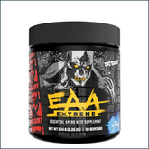 Blue raspberry flavored Mutant EAA Extreme BCAA amino acids powder in a container with a scoop for 30 servings.