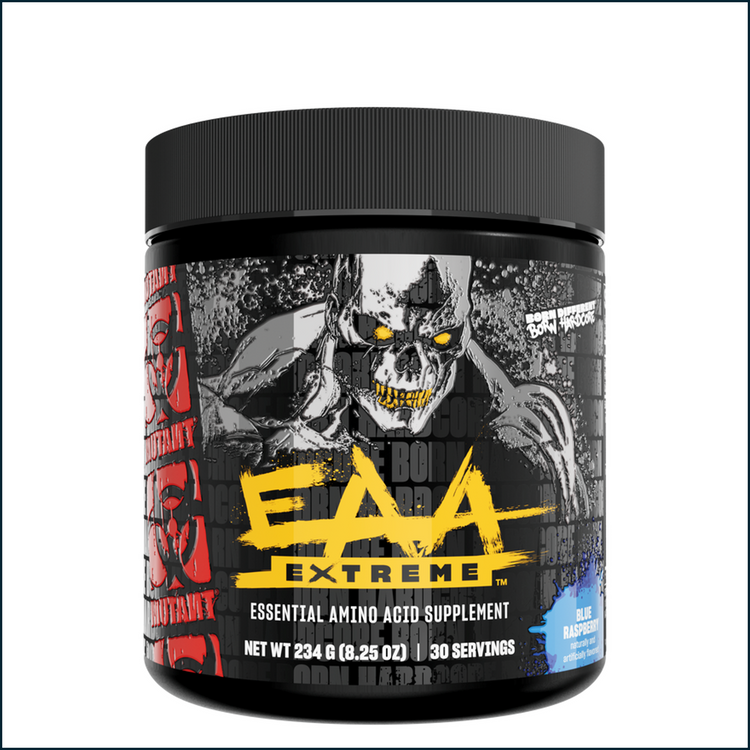 Blue raspberry flavored Mutant EAA Extreme BCAA amino acids powder in a container with a scoop for 30 servings.