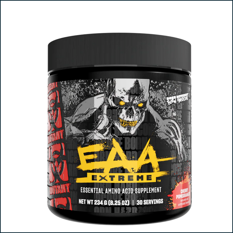 Mutant EAA Extreme BCAA amino acids powder in cherry pomegranate flavor, 30 servings, from PoorBoySupplements.com.