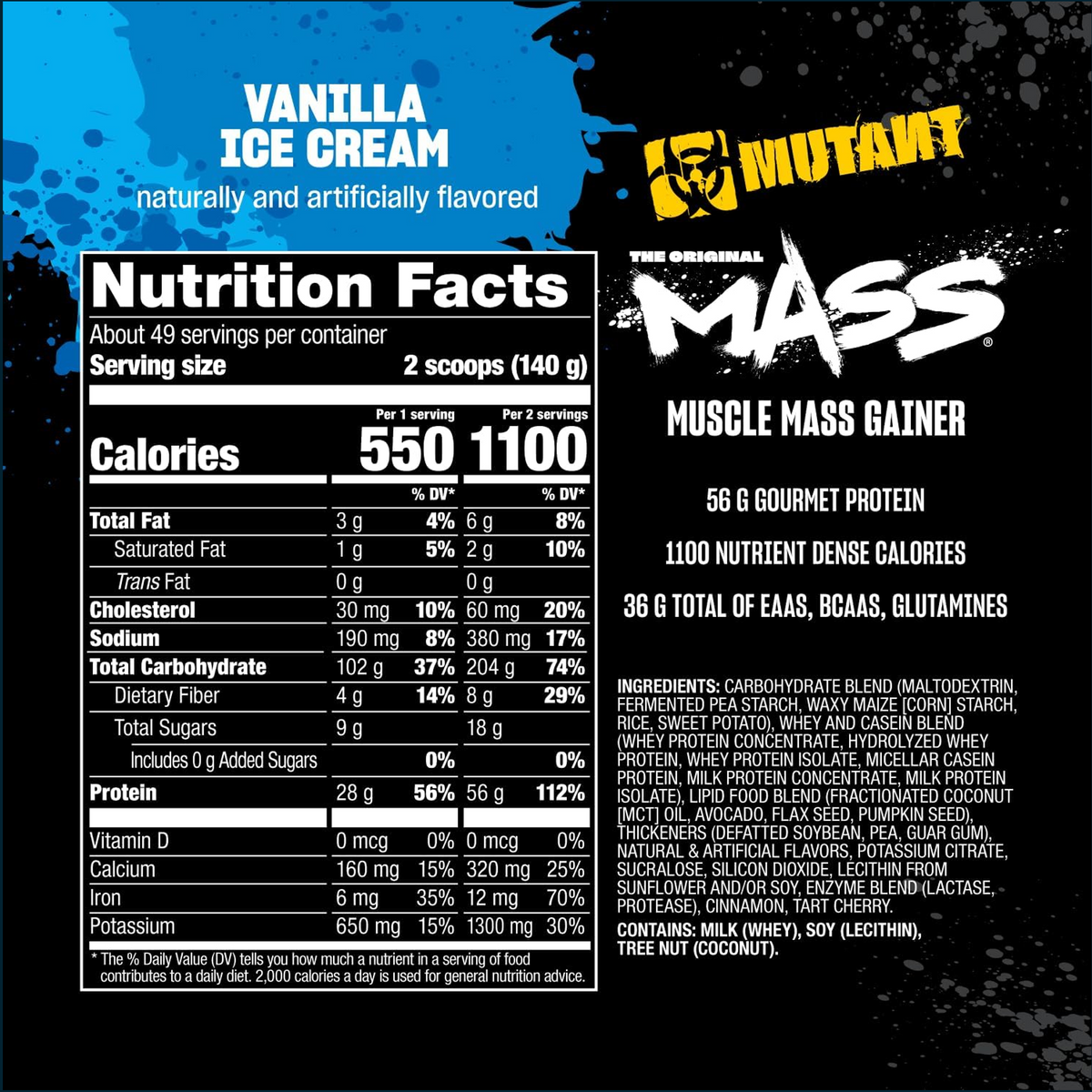 Nutrition facts panel for Mutant Mass 15lbs weight gainer by PoorBoySupplements.com, showing ingredient list and nutritional information.