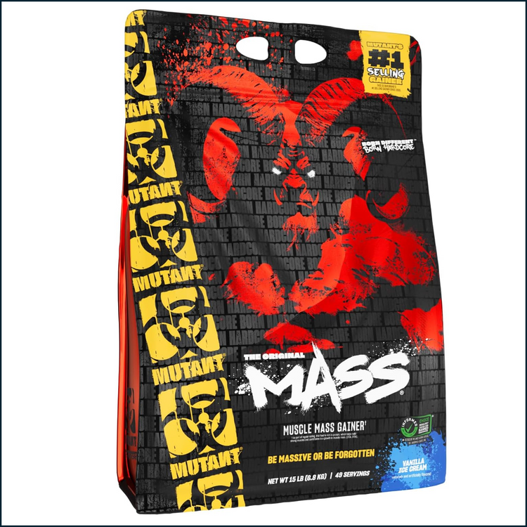 15lb bag of Mutant Mass weight gainer supplement by PoorBoySupplements.com, showing the product packaging and label.