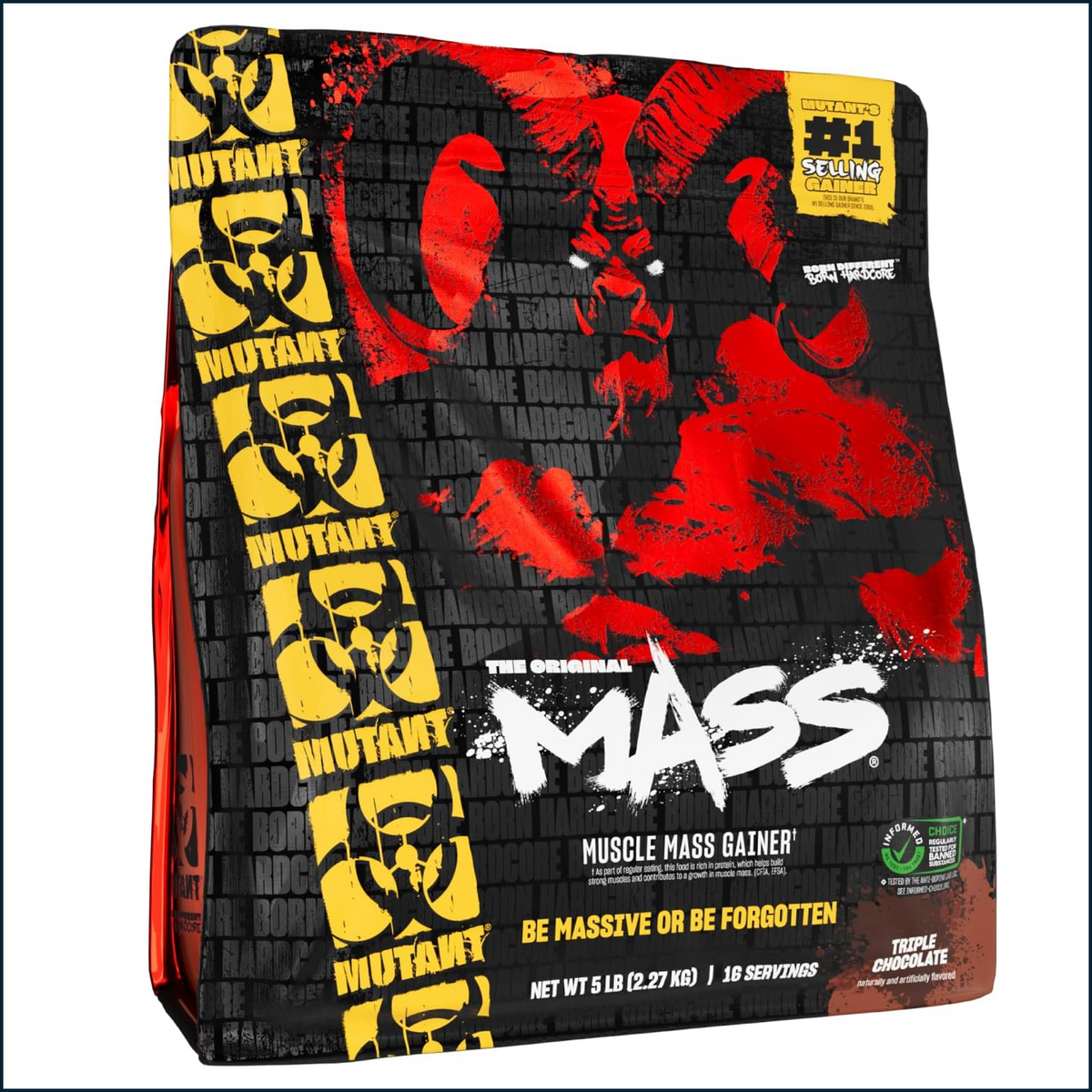 Mutant Mass 5lbs weight gainer powder in a container, designed for muscle building and high-calorie nutrition.