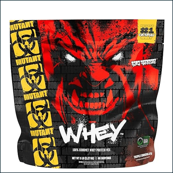 Chocolate-flavored Mutant Whey protein powder by PoorBoySupplements.com in a 5lb container on a white background.