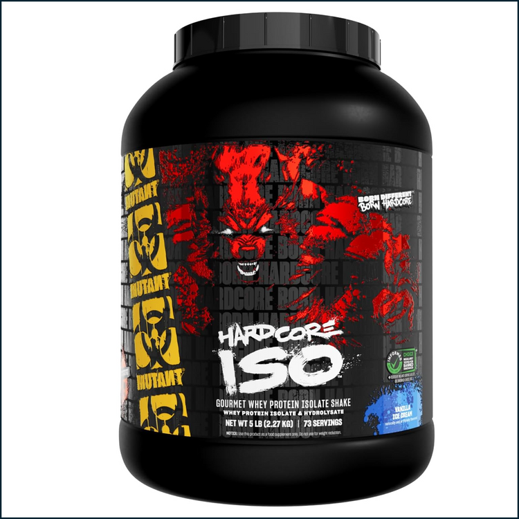 Container of Mutant HardCore ISO protein powder by PoorBoySupplements.com in 5lb size, showing the product label and packaging.