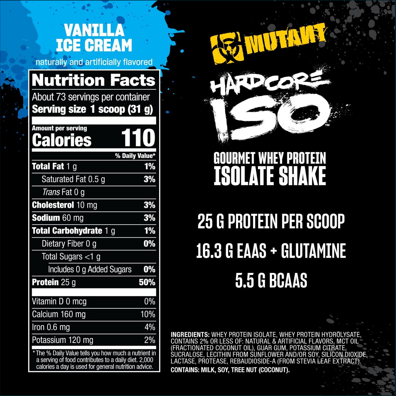 Mutant HardCore ISO protein powder 5lbs container with nutritional label, from PoorBoySupplements.com.
