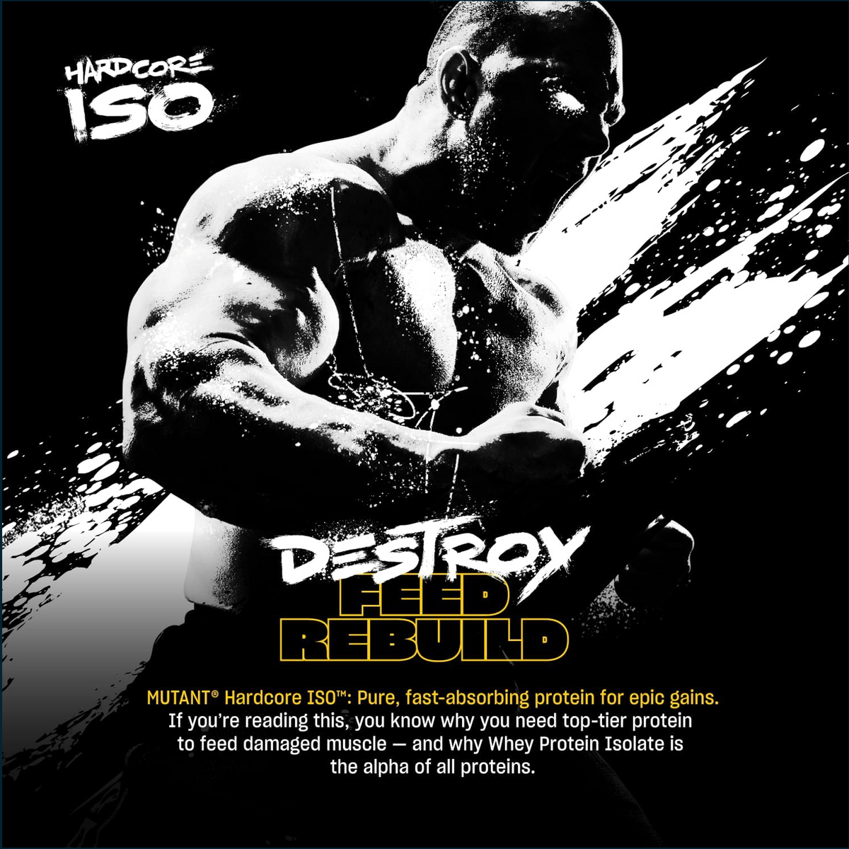 Mutant HardCore ISO protein powder container by PoorBoySupplements.com, 5lbs, with athlete lifting weights in the background.