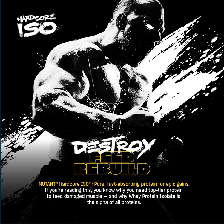 Mutant HardCore ISO protein powder container by PoorBoySupplements.com, 5lbs, with athlete lifting weights in the background.
