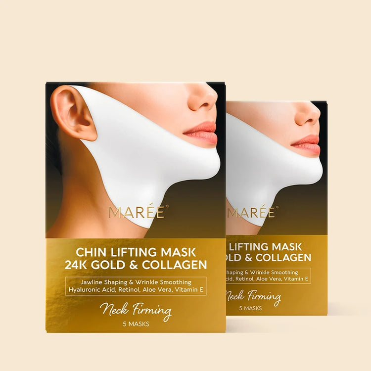 Maree 24K Gold chin and jawline lifting mask applied on neck and jaw area, demonstrating its skincare and toning effects.