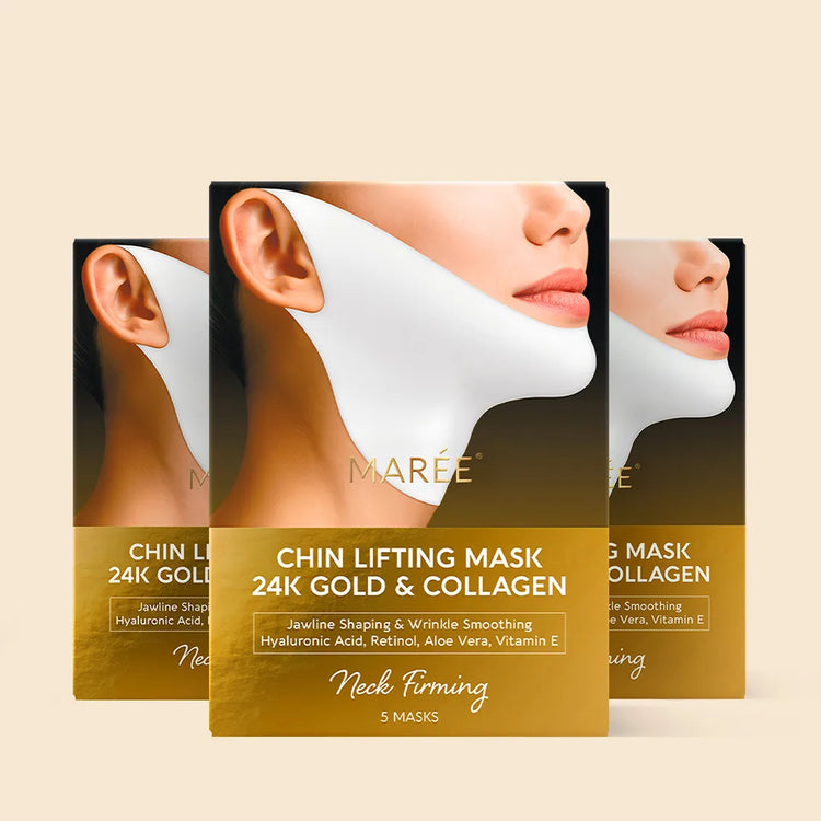 Maree 24K Gold Chin and Jawline Lifting Mask applied on the neck and jaw area, showcasing its luxurious gold formula for skin tightening.