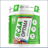 Rainbow Nutrakey BCAA Optima supplement powder in a container, 30 servings, with colorful flavor mix, from PoorBoySupplements.com.