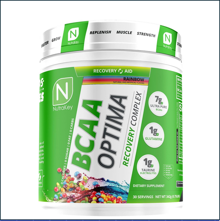 Rainbow Nutrakey BCAA Optima supplement powder in a container, 30 servings, with colorful flavor mix, from PoorBoySupplements.com.