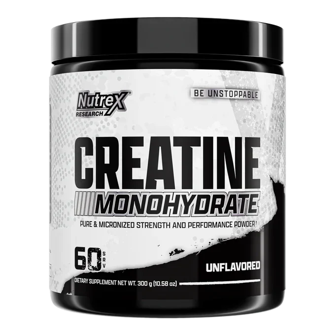 Nutrex Creatine Monohydrate supplement container with 60 servings, featuring the Nutrex brand label and product information.