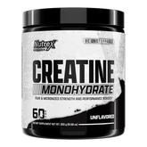 Nutrex Creatine Monohydrate supplement container with 60 servings, featuring the Nutrex brand label and product information.