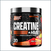 Nutrex Creatine+ HMB powder in Fruit Punch flavor, 30 servings, dietary supplement for muscle strength and performance.