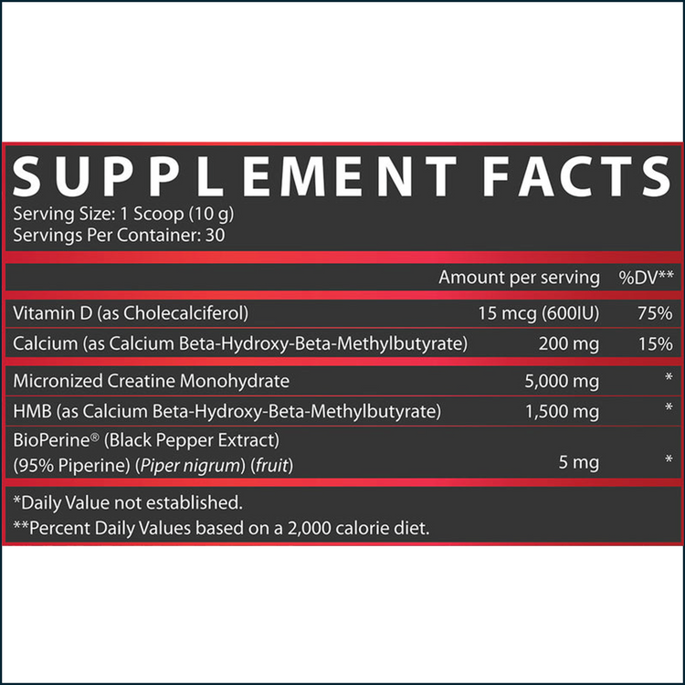Nutrex Creatine+ HMB powder, 30 servings, featuring Kre-Alkalyn creatine and HMB for muscle support and enhanced performance.