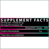 Nutrex flavored creatine monohydrate supplement label showing nutritional information and serving size for muscle support.