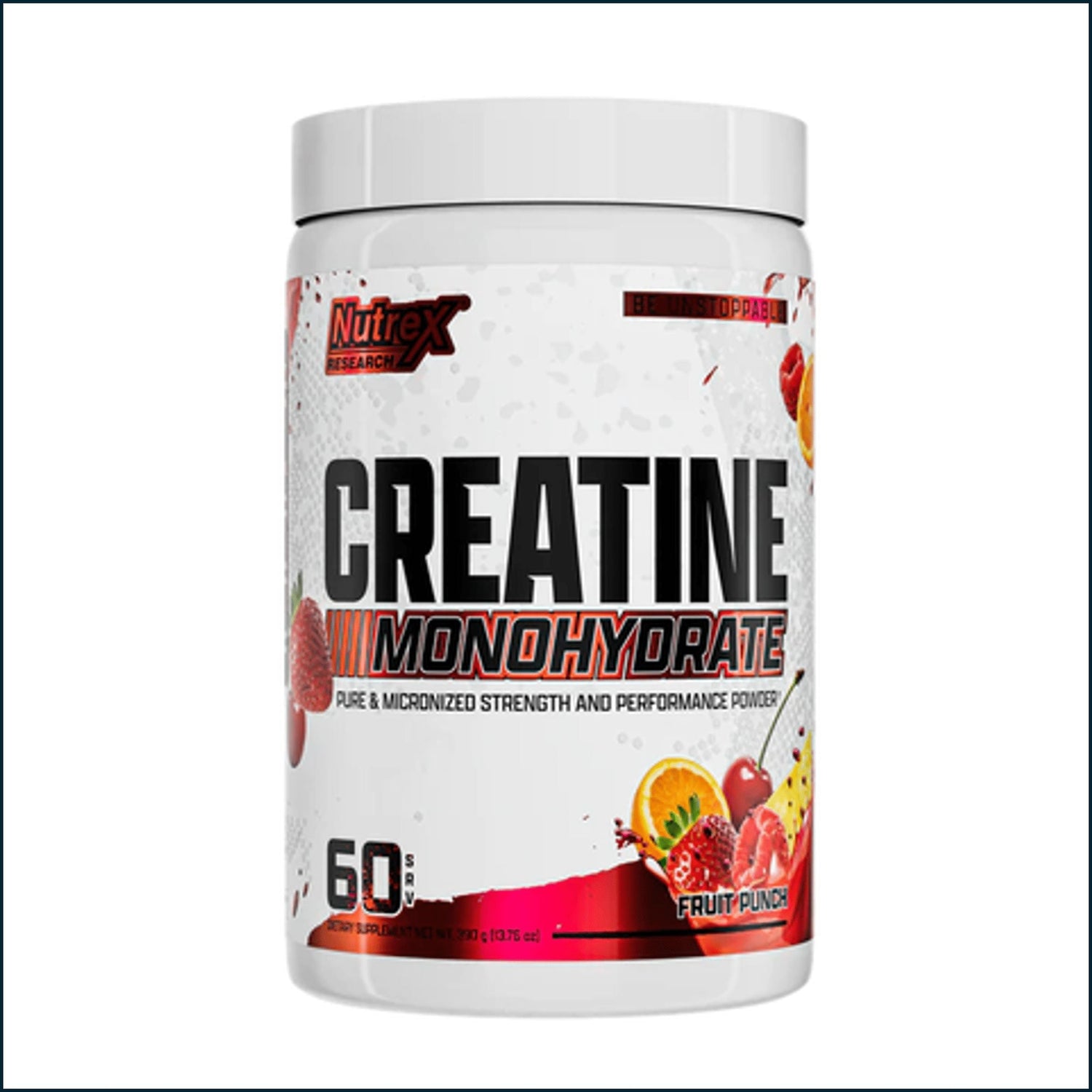 Nutrex flavored creatine monohydrate in fruit punch flavor, 60 servings, supplement powder for muscle support and energy.