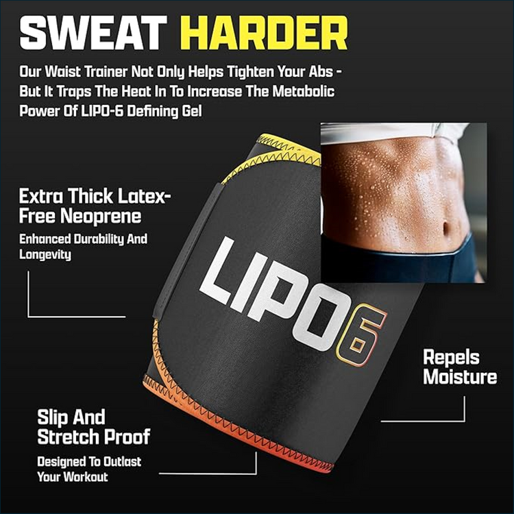 Nutrex LIPO-6 waist trimmer sweat belt for weight loss, shown wrapped around a person&