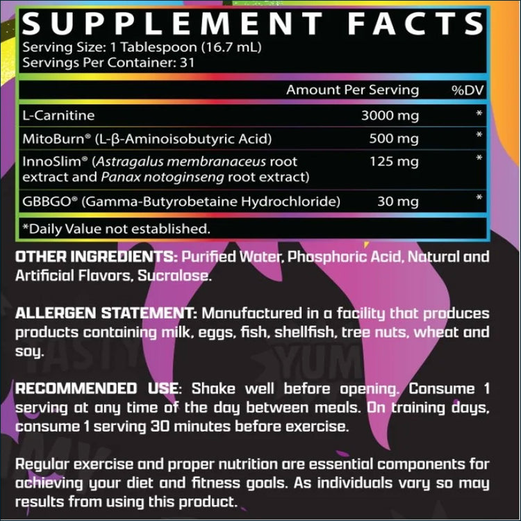 Nutrex CarniBurn Fuego weight loss supplement label showing nutritional information and serving details.