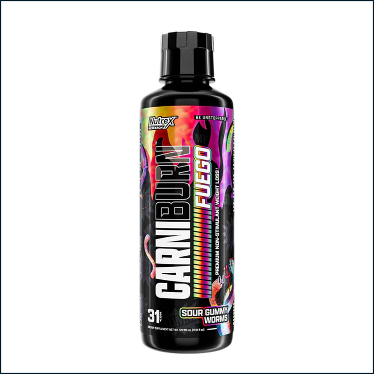 Nutrex CarniBurn Fuego weight loss supplement bottle with 31 servings, featuring orange and black label design.