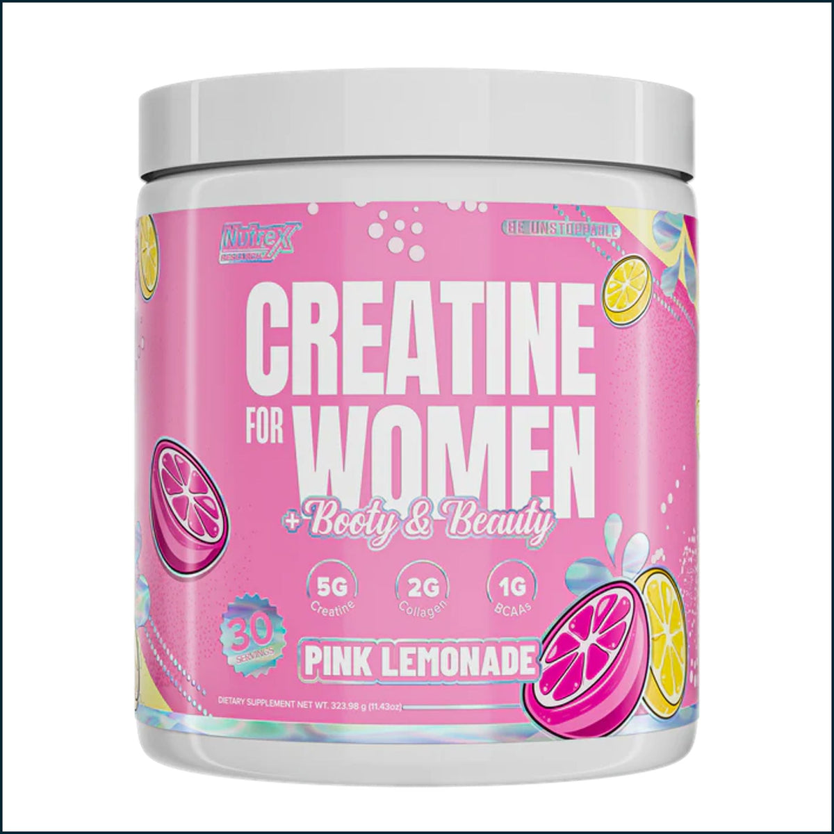 Nutrex Creatine for Women in Kre-Alkalyn form, 30 servings, featuring the supplement bottle with label and scoop inside.