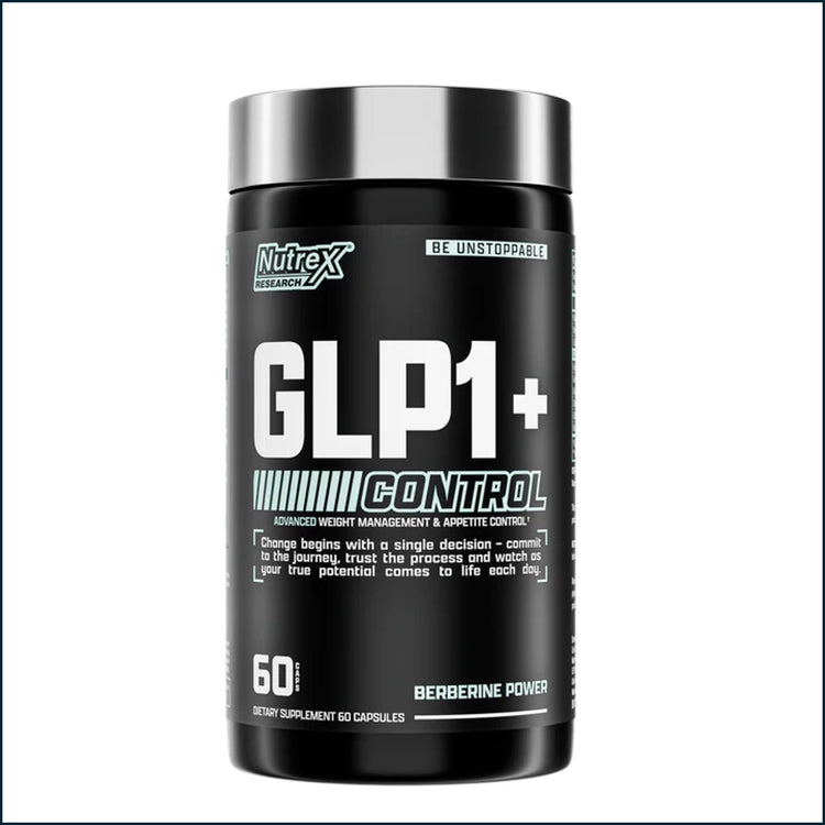 Nutrex GLP1+ Control weight loss capsules in a bottle, designed to support appetite and metabolism management.