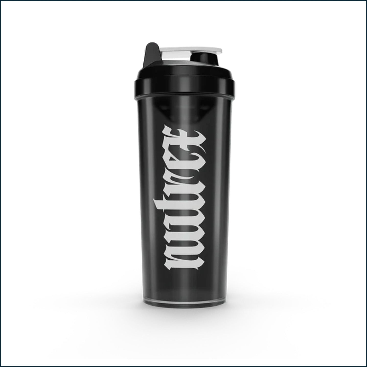 Black Nutrex Gothic Logo shaker bottle, 25oz, with a sleek design and logo print, suitable for mixing supplements or beverages.