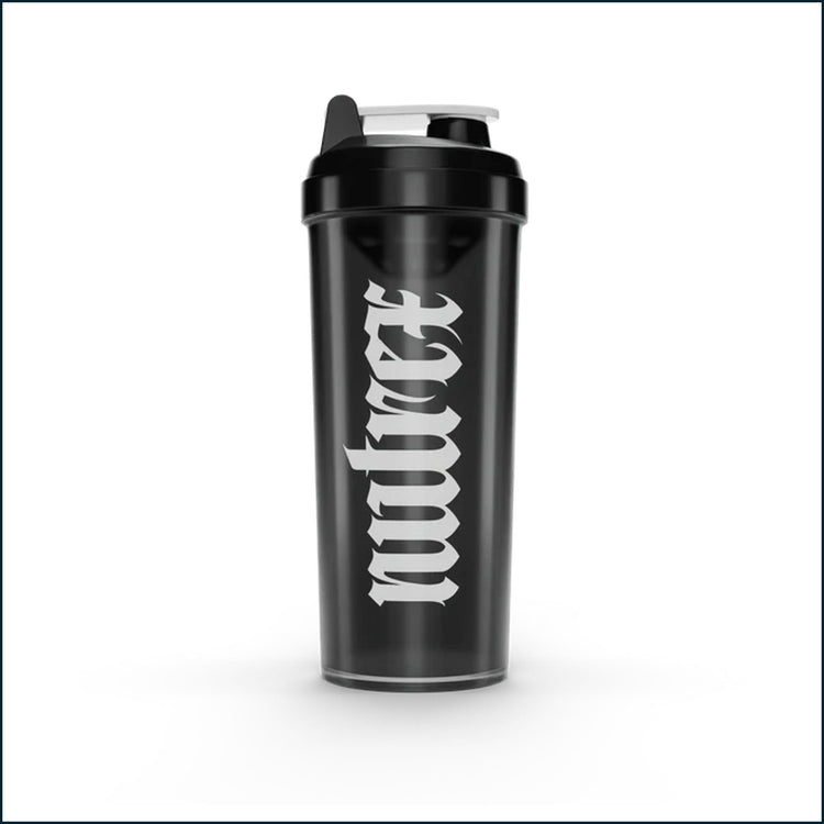 Black Nutrex Gothic Logo shaker bottle, 25oz, with a sleek design and logo print, suitable for mixing supplements or beverages.