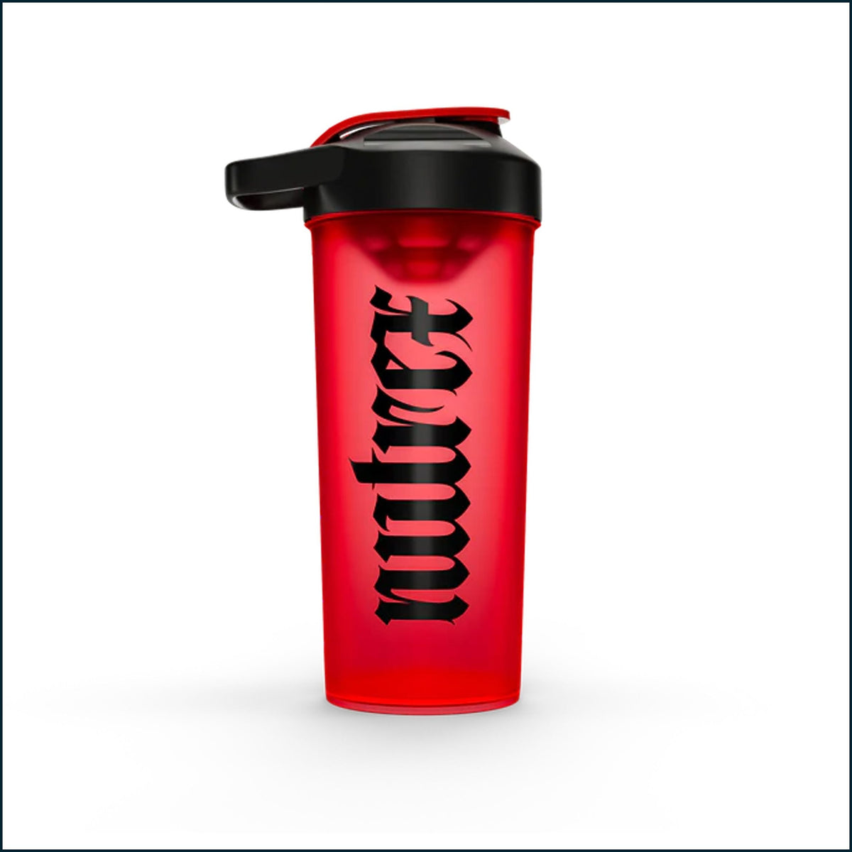 Red Nutrex Gothic Logo 25oz shaker bottle with black lid, designed for mixing supplements and fitness drinks.