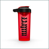 Red Nutrex Gothic Logo 25oz shaker bottle with black lid, designed for mixing supplements and fitness drinks.