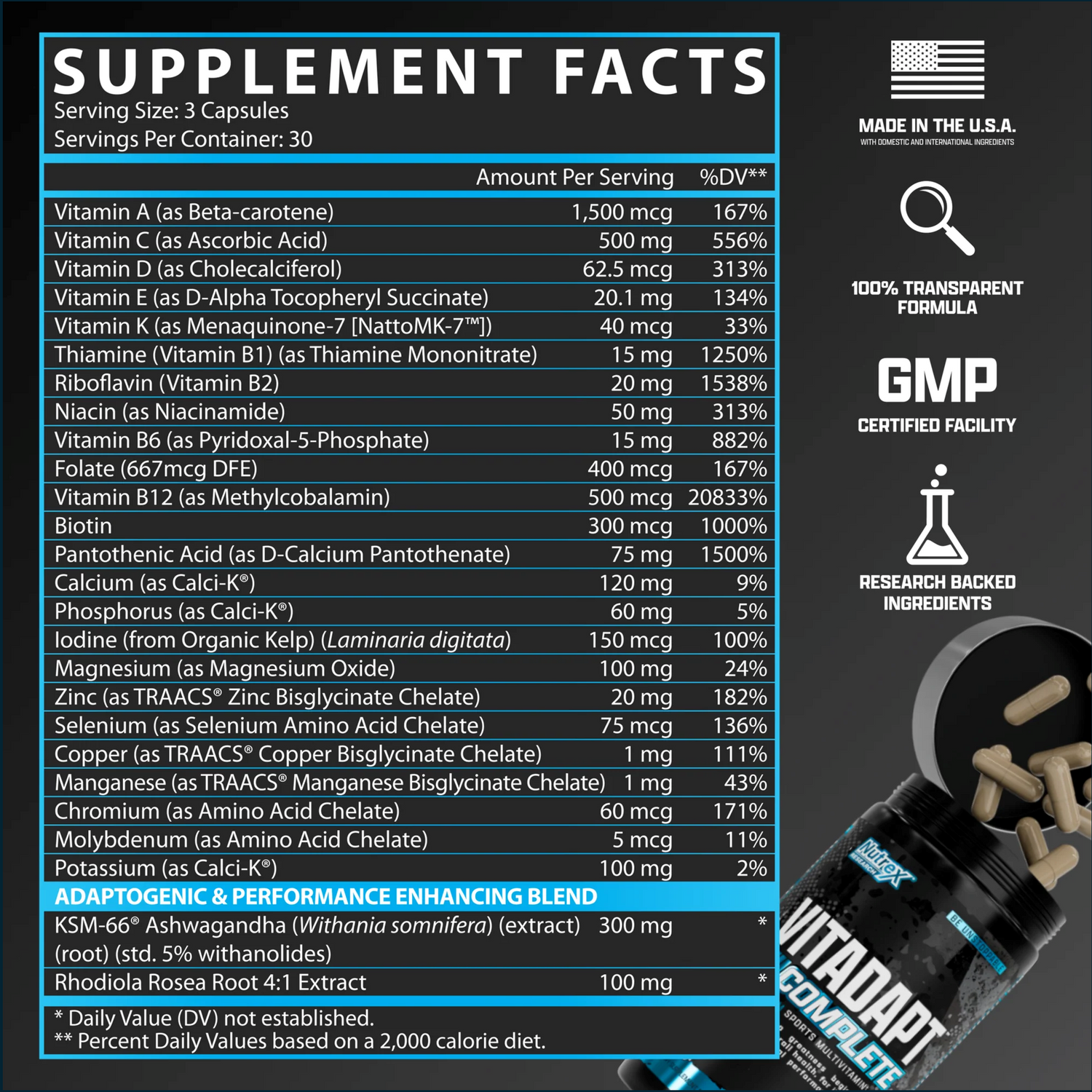 Nutrex Vitadapt Complete vitamins and herbs supplement bottle with nutritional label, 90 capsules for daily wellness.